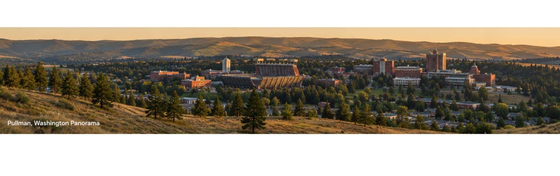 Panoramic rolling Palouse farmland surrounding Pullman at golden hour