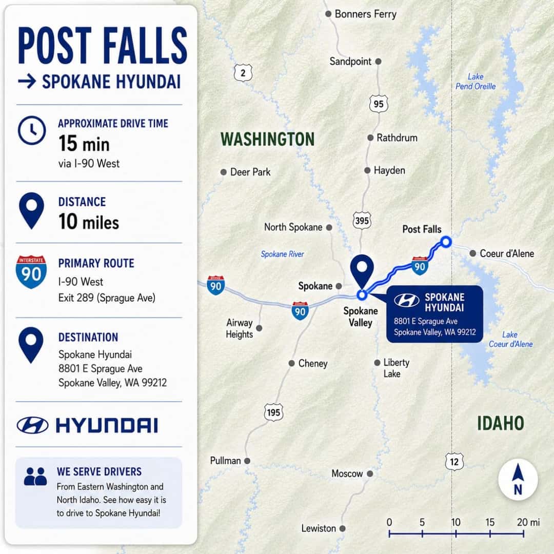 Post Falls to Spokane Hyundai route map showing I-90 West and the dealership destination