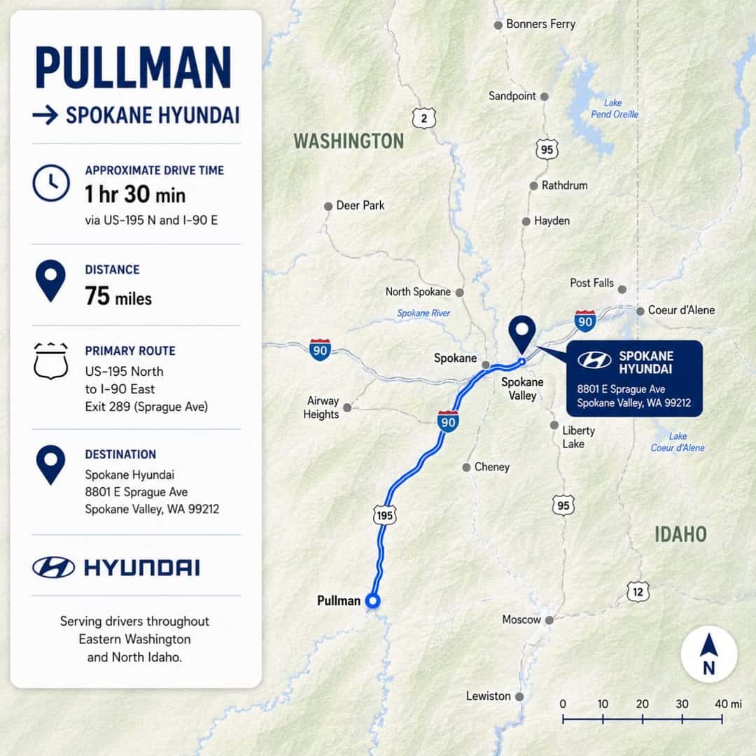 Route map from Pullman to Spokane Hyundai in Spokane Valley via US-195 and I-90