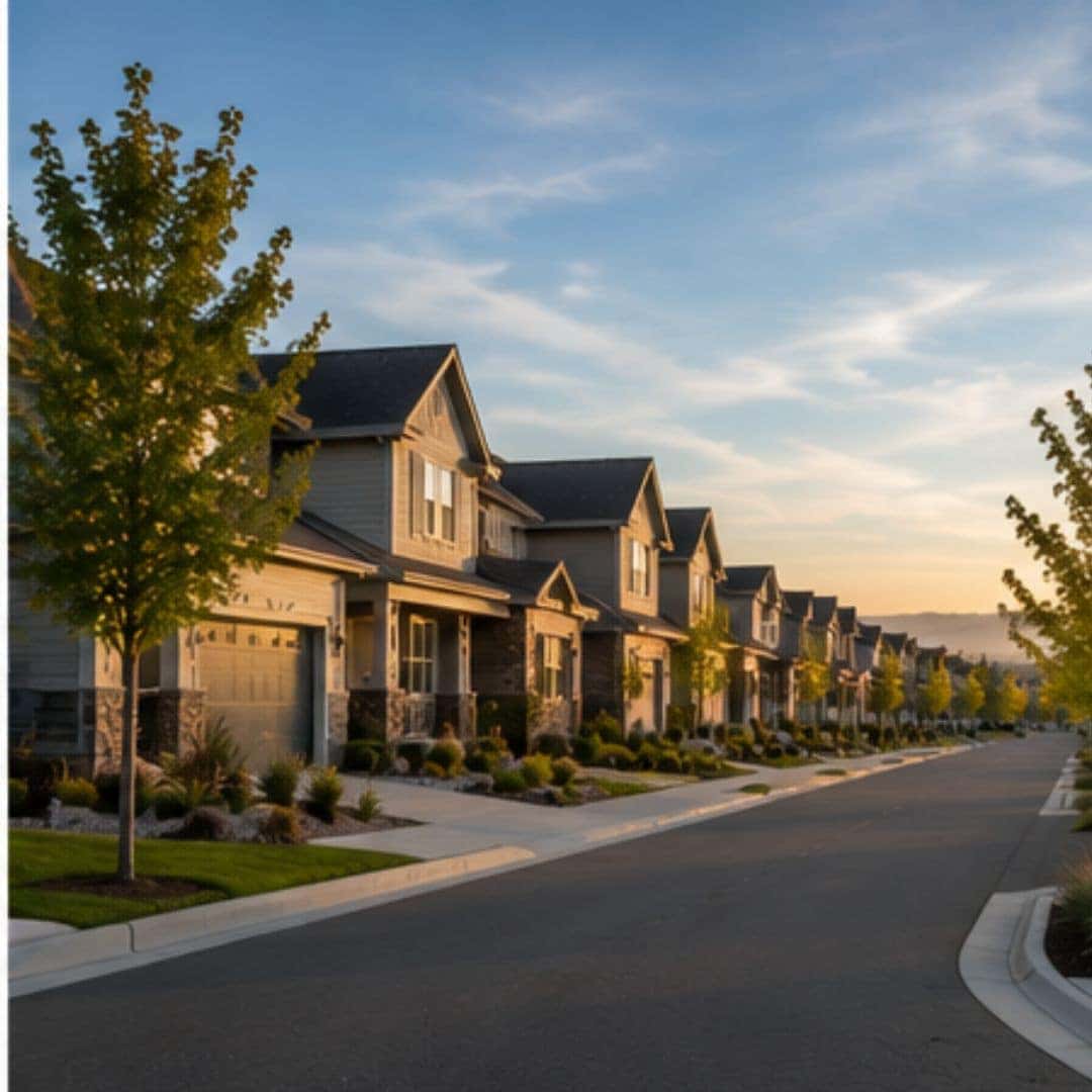 Quiet residential neighborhood in Airway Heights with modern homes, wide sidewalks, and tree-lined streets