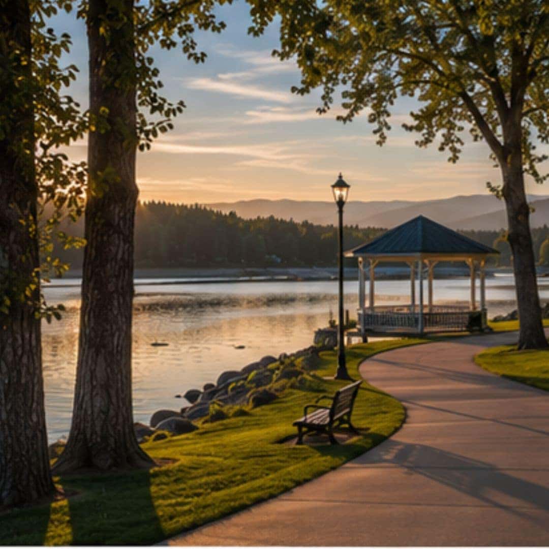 Rathdrum lakeside park with a walking path and mature pine trees