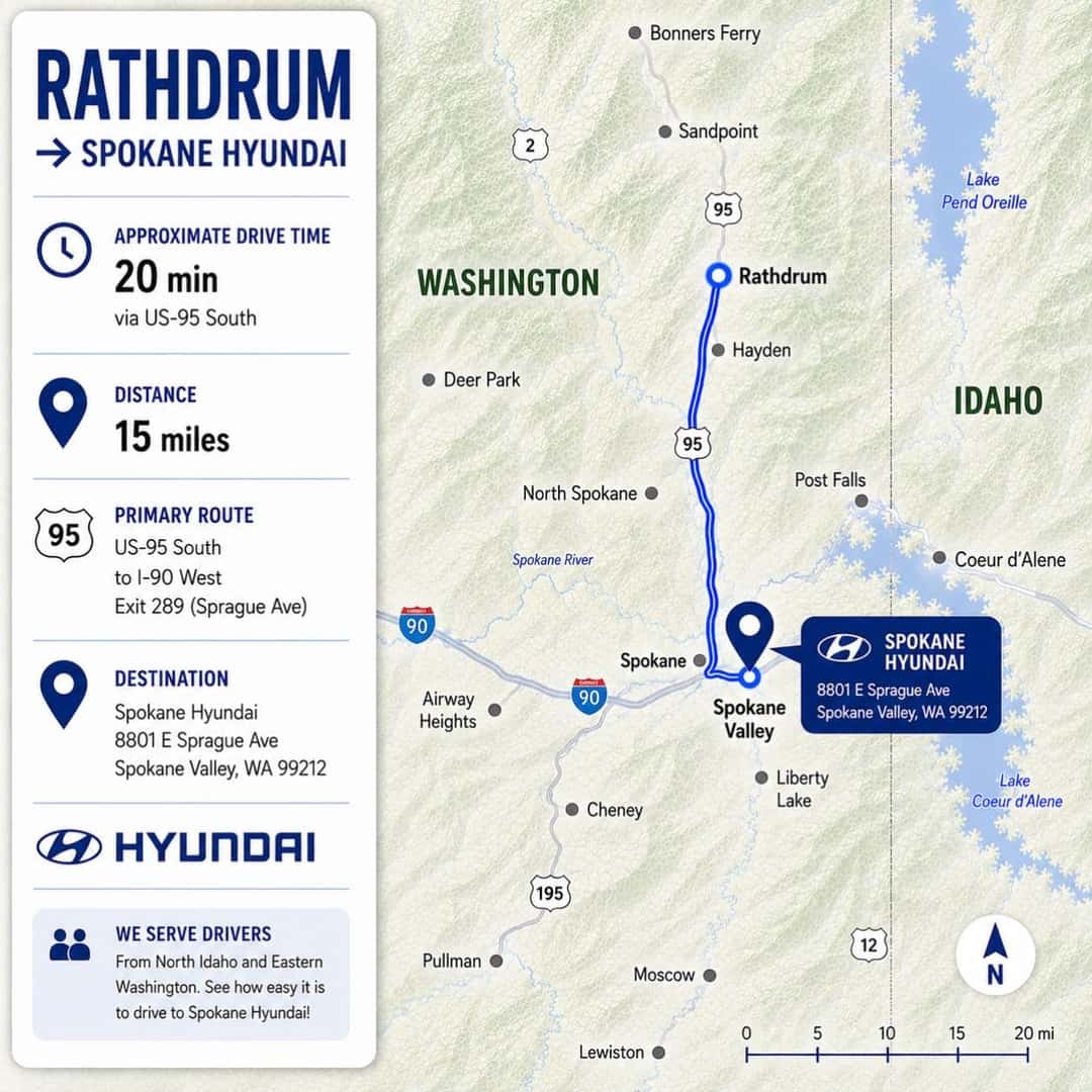 Rathdrum to Spokane Hyundai route map showing Highway 41, I-90 West, and the dealership destination