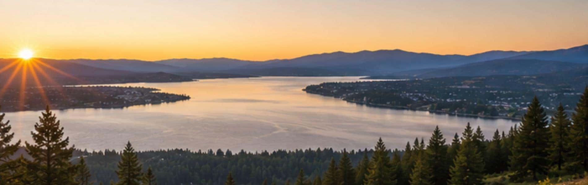 Scenic mountain and lake overlook near Rathdrum, Idaho at sunrise