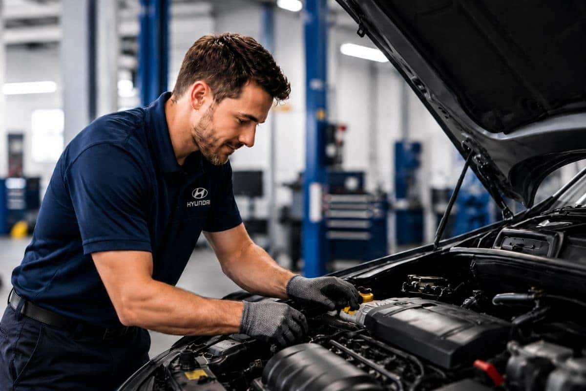 Hyundai service technician working on a vehicle at Spokane Hyundai