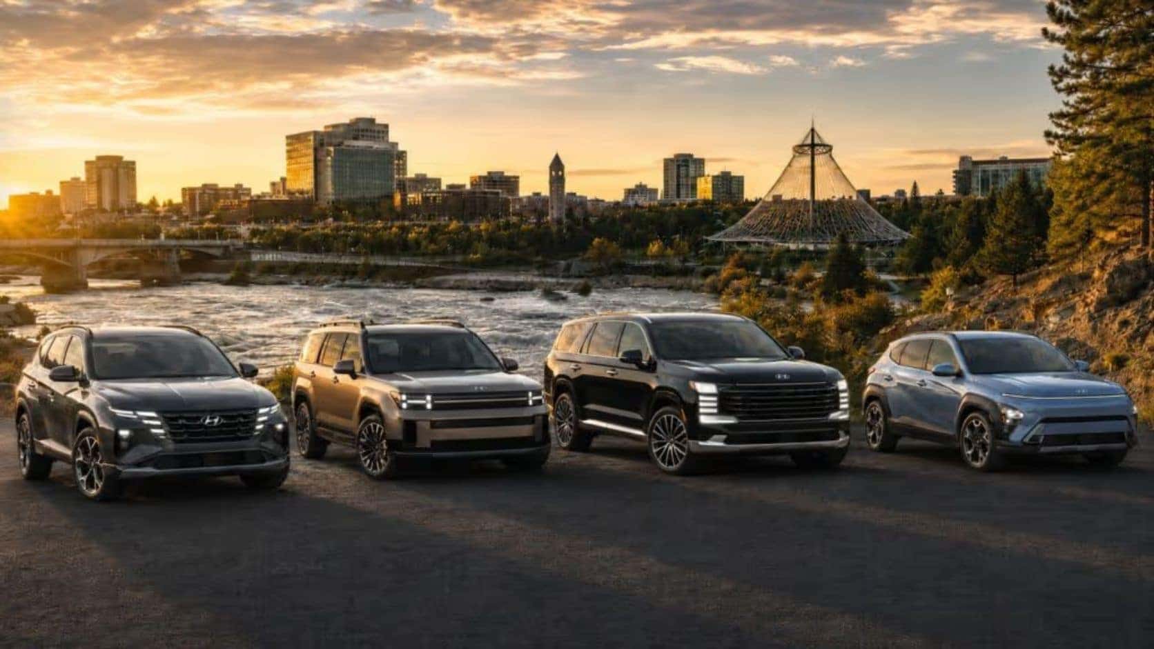2026 Hyundai Tucson, Santa Fe, Palisade and Kona overlooking Spokane River and downtown Spokane at sunset