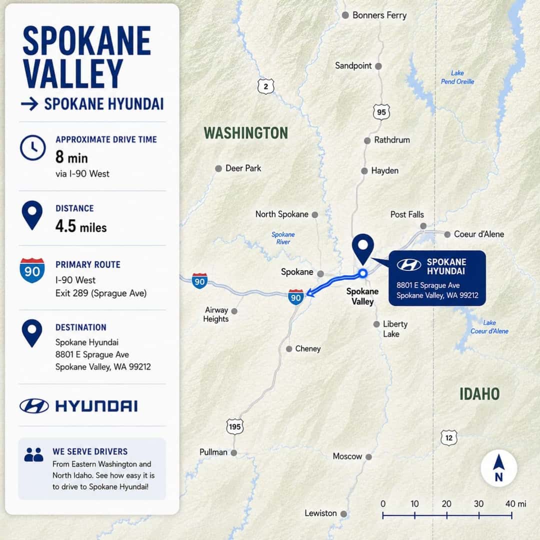 Spokane Valley to Spokane Hyundai route map showing local roads and the dealership destination