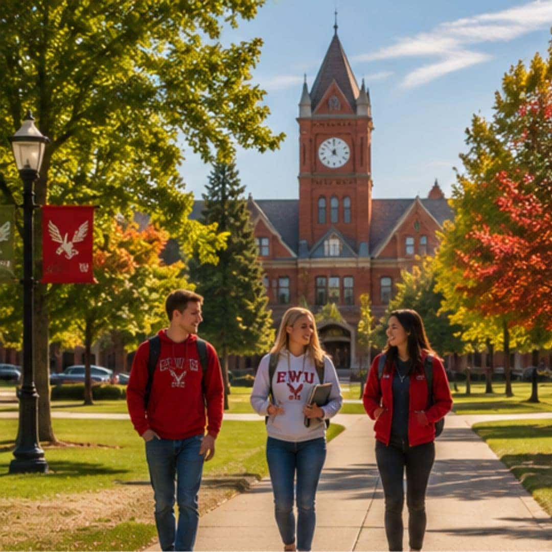 Students walking through a tree-lined area near Eastern Washington University in Cheney
