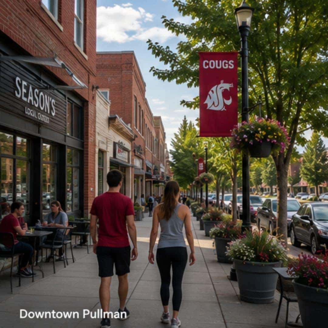 Tree-lined downtown Pullman with local shops, cafes, and walkable streets