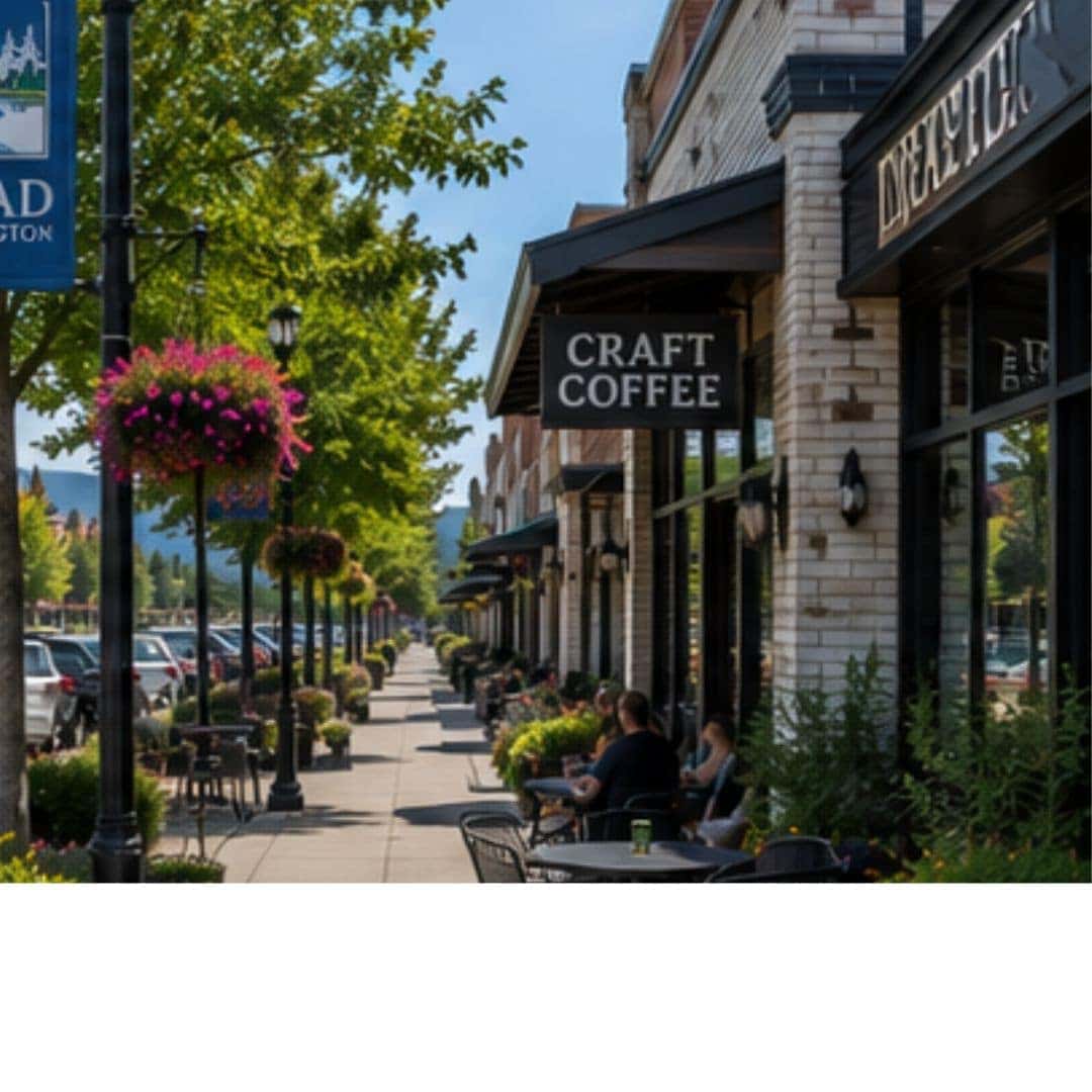 Tree-lined shopping district in Mead with local businesses and landscaped sidewalks
