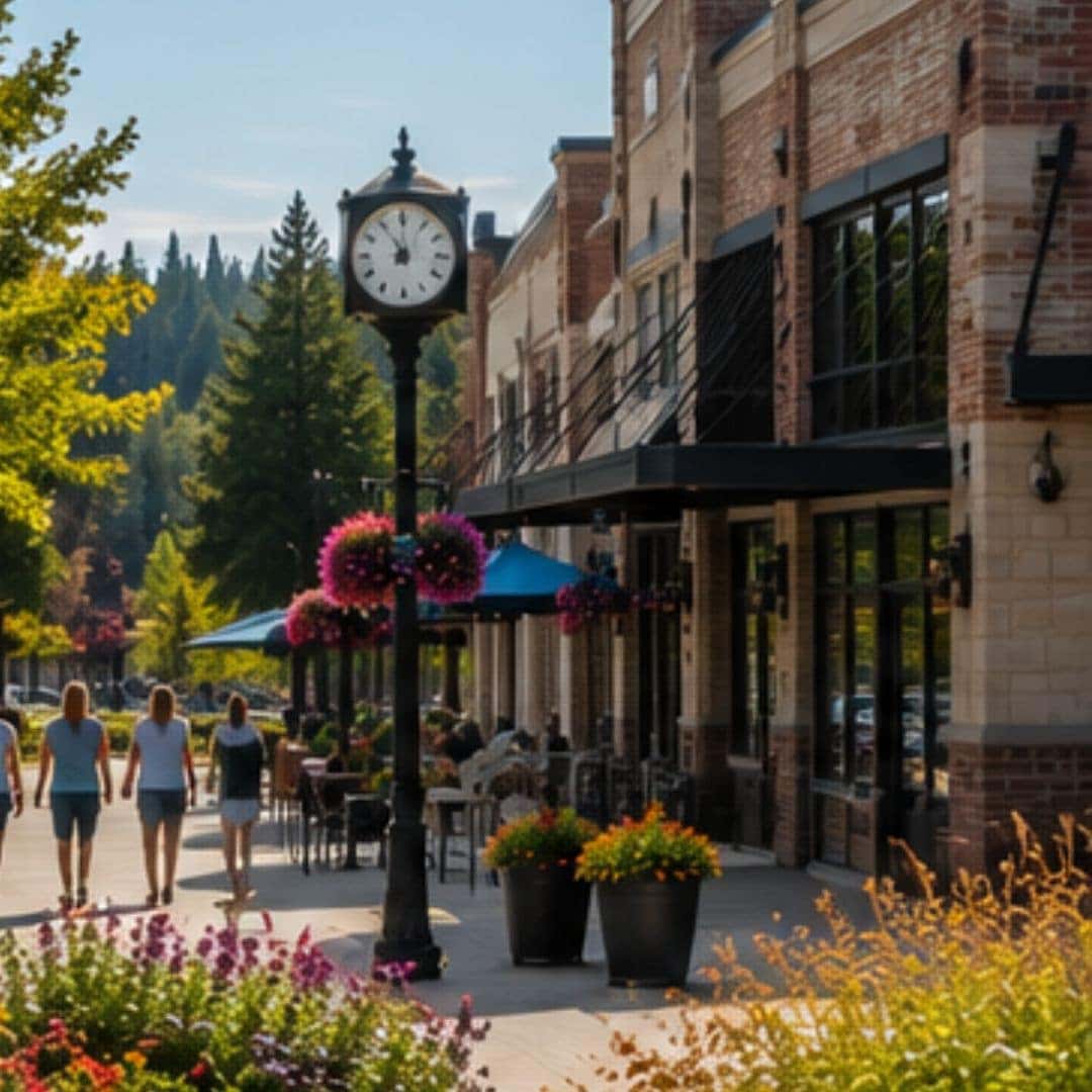 Tree-lined shopping district in North Spokane with landscaped sidewalks and local businesses