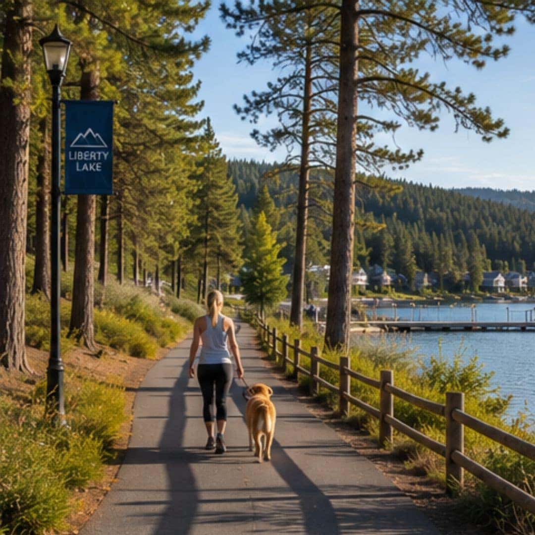 Walking trail along the shoreline of Liberty Lake with pine trees and peaceful waterfront views