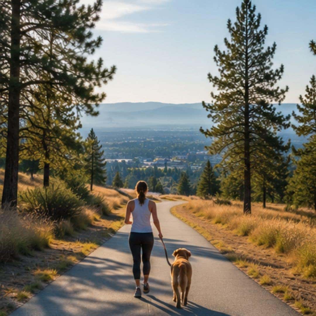 Walking trail overlooking North Spokane with pine trees and scenic valley views