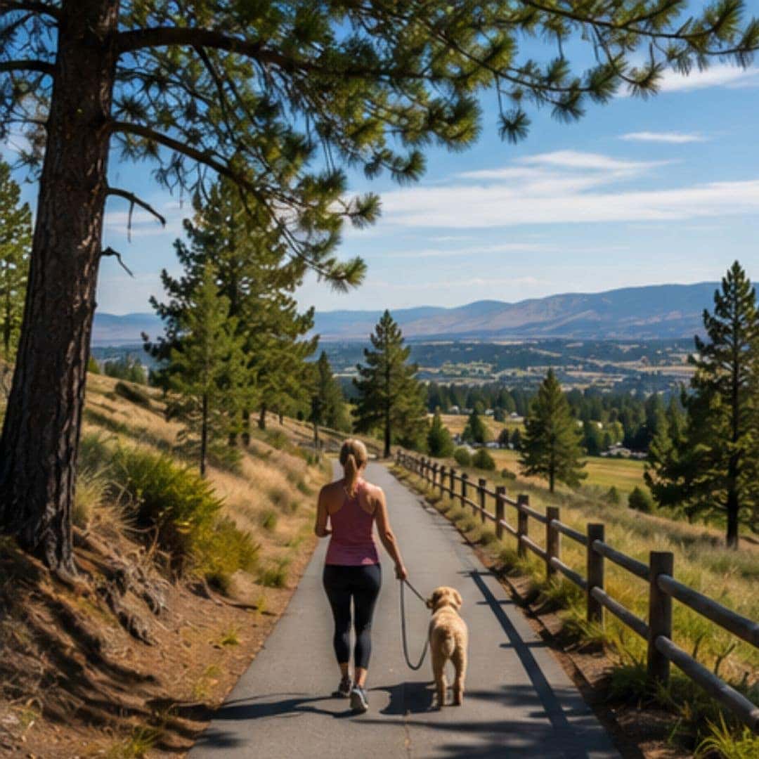 Walking trail overlooking the rolling hills and pine forests of Mead, Washington