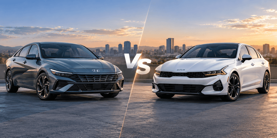 Hyundai Elantra vs. Kia K5 side-by-side sedan comparison.