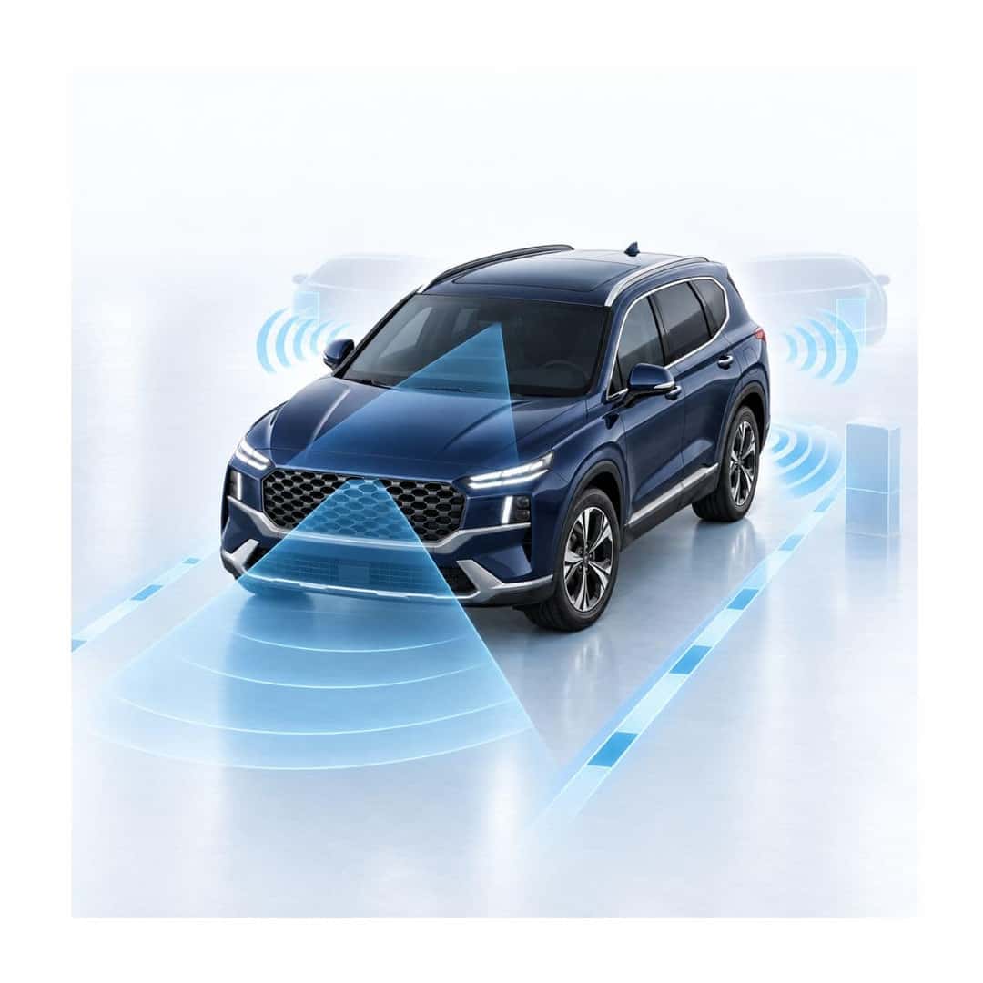 Hyundai SmartSense driver-assistance technology illustrating forward detection, lane guidance, blind-spot awareness, and parking support