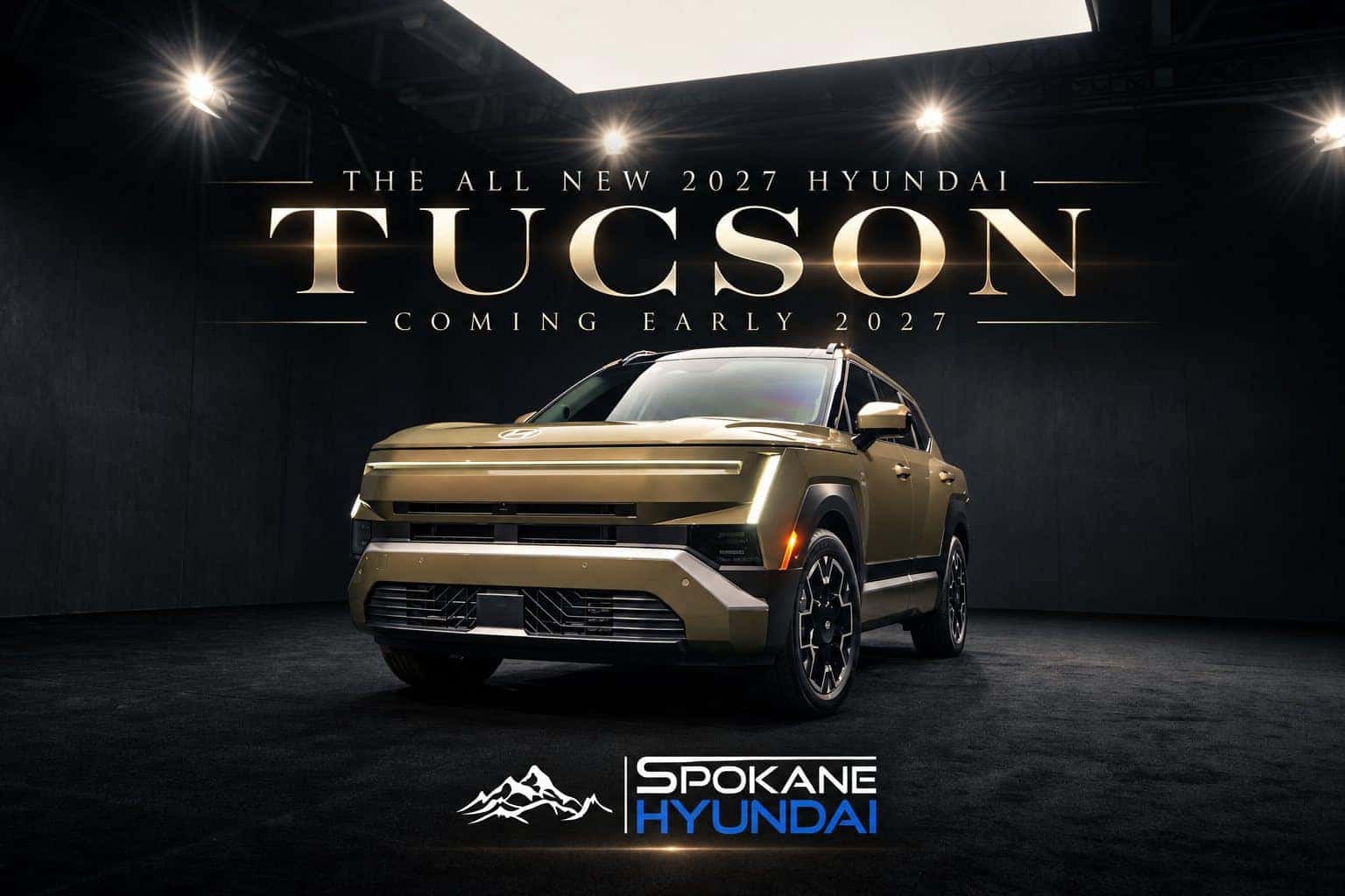 2027 Hyundai Tucson in gold, studio front three-quarter view