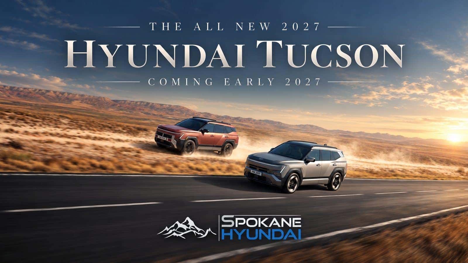 Two 2027 Hyundai Tucsons driving through the desert