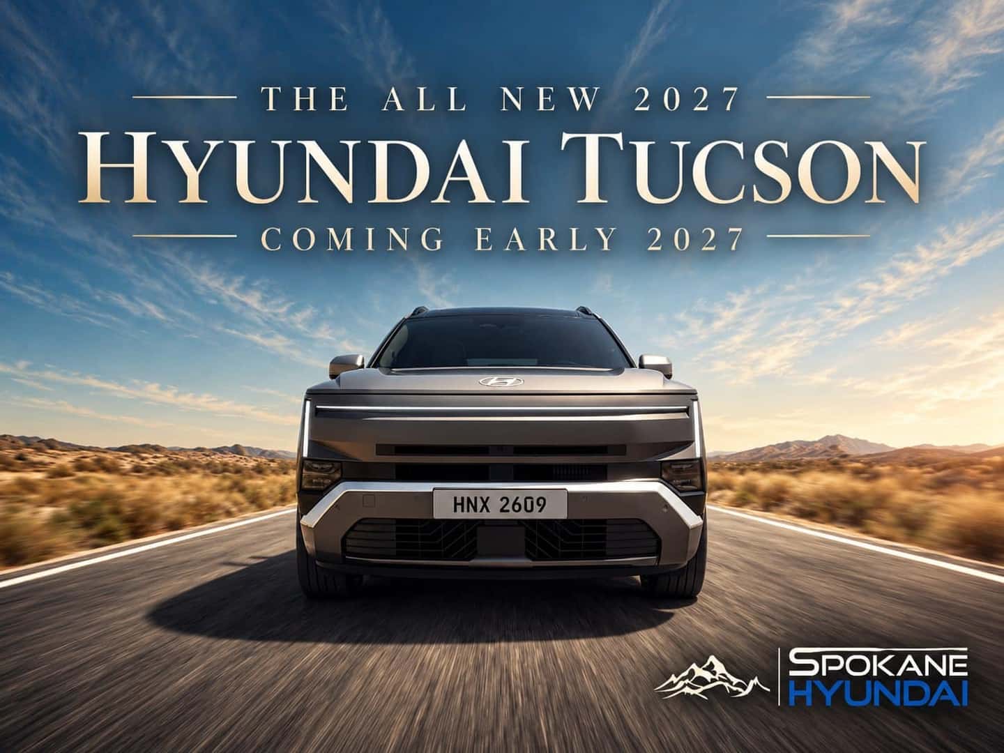 2027 Hyundai Tucson front view on a desert highway