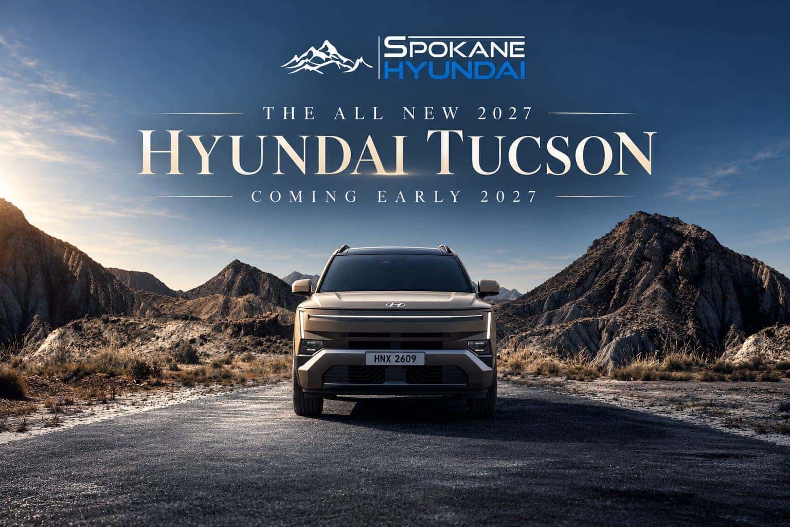 2027 Hyundai Tucson front view on a mountain road
