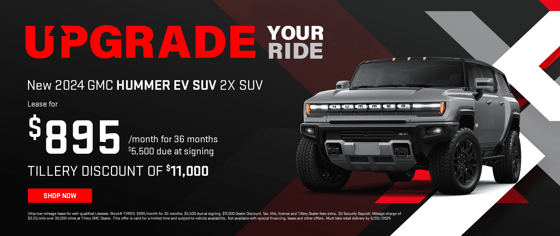 Lease a New 2024 GMC HUMMER EV SUV 2X ALL WHEEL DRIVE SUV(Stock # T24120) for $895/mo for 36 months | $5,500 due at signing | Tillery Discount of $11,000 |