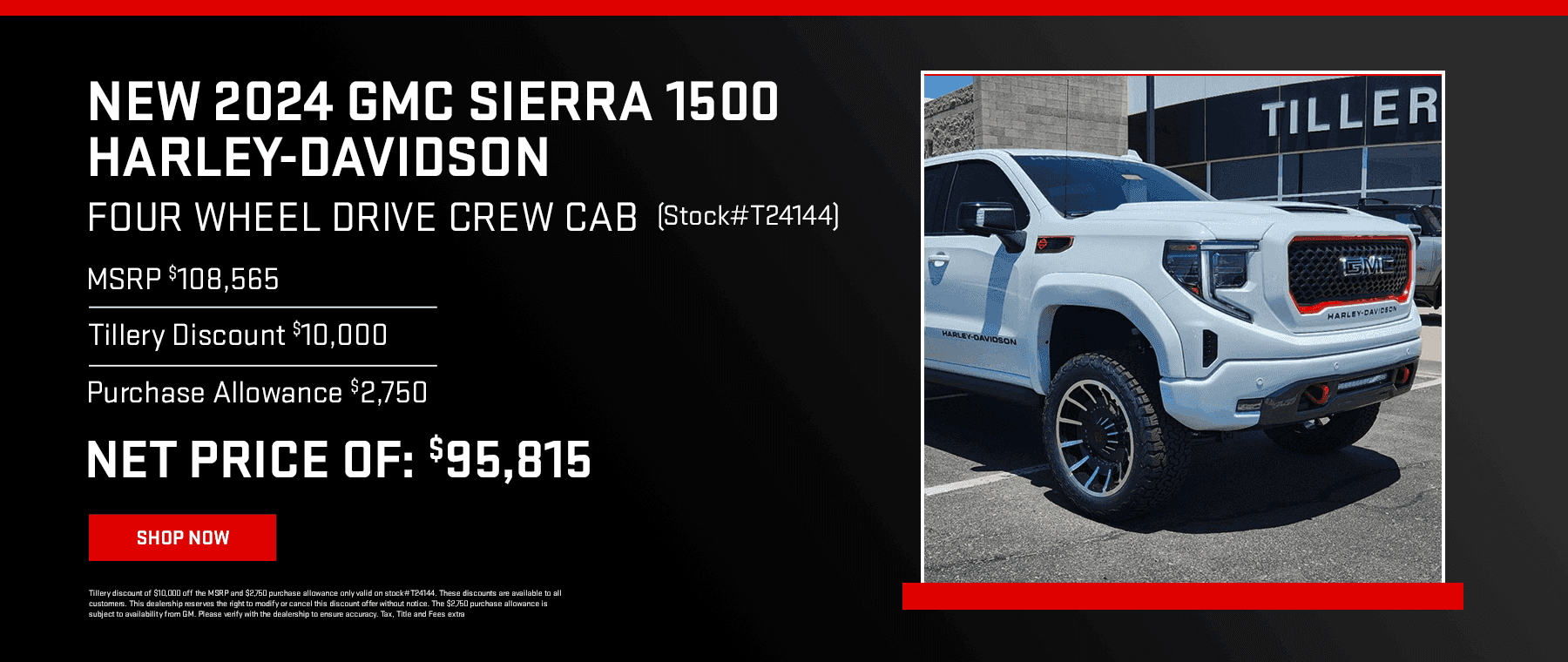 New 2024 GMC Sierra 1500 Harley-Davidson Four Wheel Drive Crew Cab Stock#T24144 Subtext: MSRP $108,565 Tillery Discount 10,000 Purchase Allowance $2,750 Net Price $95,815.