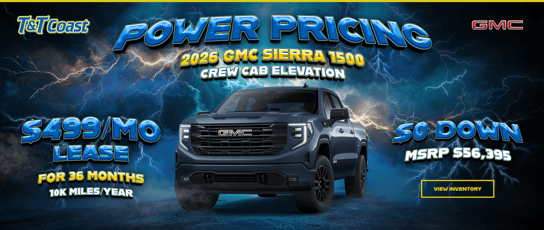 Headline*: 2026 GMC Sierra 1500 Crew Cab Elevation Subtext: $0 DOWN MSRP $56,395 $499/MO LEASE! FOR 36 MONTHS 10K MILES/YEAR