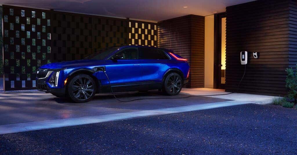 2025 Cadillac LYRIQ parked at a home using home charging