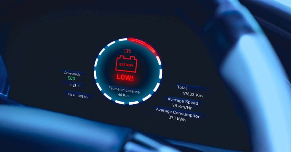 Low battery warning light on instrument panel of EV electric vehicle