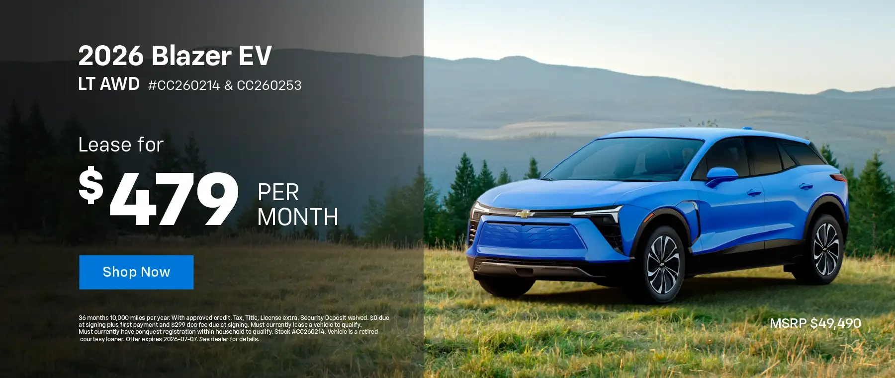 2026 Chevy Blazer EV LT AWD - Lease for $479 per month for 36 months 10,000 miles per year